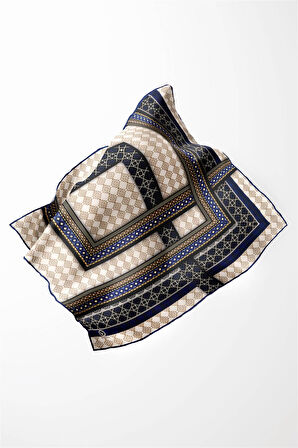 Twill Etnik Desenli Lacivert Renkli 90x90 Eşarp (İpek İçermez) Kenar Dikiş Şekli El Dikişli