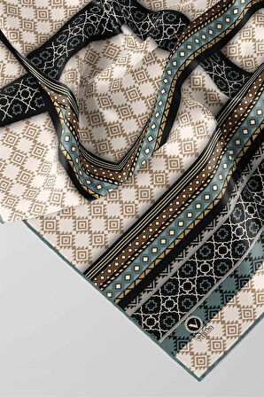 Twill Etnik Desenli Koyu Mint Yeşili Renkli 90x90 Eşarp (İpek İçermez) Kenar Dikiş Şekli El Dikişli