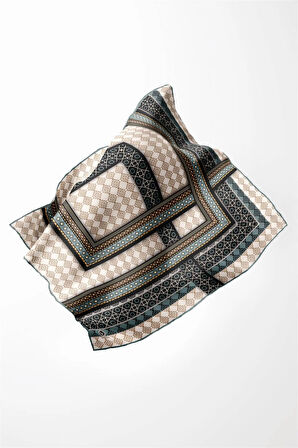 Twill Etnik Desenli Koyu Mint Yeşili Renkli 90x90 Eşarp (İpek İçermez) Kenar Dikiş Şekli El Dikişli