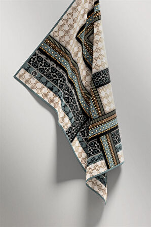 Twill Etnik Desenli Koyu Mint Yeşili Renkli 90x90 Eşarp (İpek İçermez) Kenar Dikiş Şekli El Dikişli