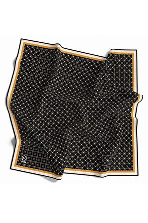 Twill Monogram Desenli Siyah - Gold Renkli 90x90 Eşarp (İpek İçermez) Kenar Dikiş Şekli El Dikişli