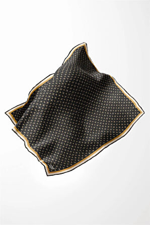 Twill Monogram Desenli Siyah - Gold Renkli 90x90 Eşarp (İpek İçermez) Kenar Dikiş Şekli El Dikişli