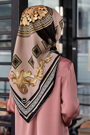 Twill Barok Desenli Bej Renkli 90x90 Eşarp (İpek İçermez) Kenar Dikiş Şekli El Dikişli