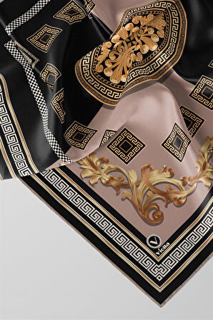 Twill Barok Desenli Bej Renkli 90x90 Eşarp (İpek İçermez) Kenar Dikiş Şekli El Dikişli