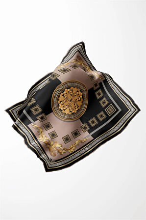 Twill Barok Desenli Bej Renkli 90x90 Eşarp (İpek İçermez) Kenar Dikiş Şekli El Dikişli