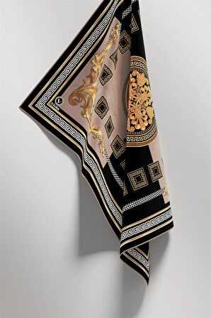 Twill Barok Desenli Bej Renkli 90x90 Eşarp (İpek İçermez) Kenar Dikiş Şekli El Dikişli
