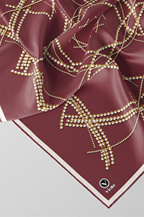 Twill Boncuk Desenli Gül Kurusu Renkli 90x90 Eşarp (İpek İçermez) Kenar Dikiş Şekli El Dikişli