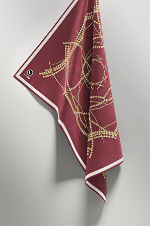 Twill Boncuk Desenli Gül Kurusu Renkli 90x90 Eşarp (İpek İçermez) Kenar Dikiş Şekli El Dikişli