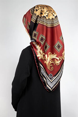Twill Barok Desenli Bordo Renkli 90x90 Eşarp (İpek İçermez) Kenar Dikiş Şekli El Dikişli