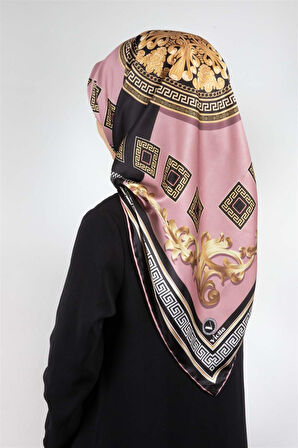 Twill Barok Desenli Pudra Renkli 90x90 Eşarp (İpek İçermez) Kenar Dikiş Şekli El Dikişli