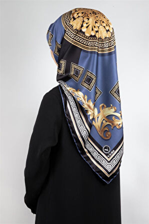 Twill Barok Desenli İndigo Renkli 90x90 Eşarp (İpek İçermez) Kenar Dikiş Şekli El Dikişli