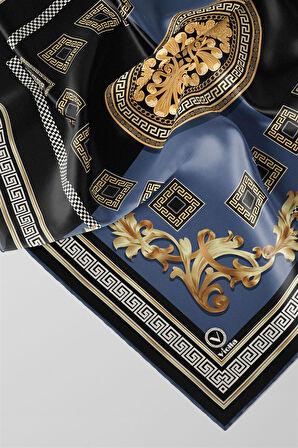 Twill Barok Desenli İndigo Renkli 90x90 Eşarp (İpek İçermez) Kenar Dikiş Şekli El Dikişli