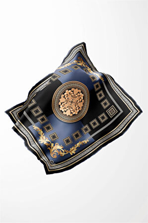 Twill Barok Desenli İndigo Renkli 90x90 Eşarp (İpek İçermez) Kenar Dikiş Şekli El Dikişli