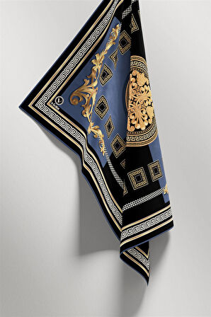 Twill Barok Desenli İndigo Renkli 90x90 Eşarp (İpek İçermez) Kenar Dikiş Şekli El Dikişli