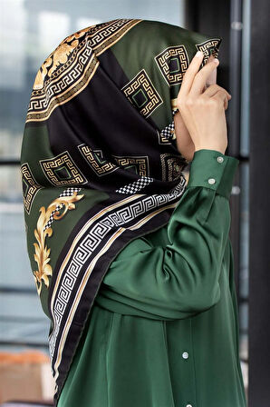 Twill Barok Desenli Zümrüt Yeşili Renkli 90x90 Eşarp (İpek İçermez) Kenar Dikiş Şekli El Dikişli