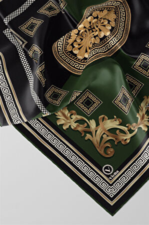 Twill Barok Desenli Zümrüt Yeşili Renkli 90x90 Eşarp (İpek İçermez) Kenar Dikiş Şekli El Dikişli