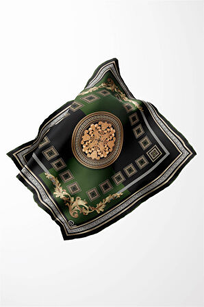 Twill Barok Desenli Zümrüt Yeşili Renkli 90x90 Eşarp (İpek İçermez) Kenar Dikiş Şekli El Dikişli