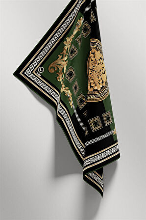 Twill Barok Desenli Zümrüt Yeşili Renkli 90x90 Eşarp (İpek İçermez) Kenar Dikiş Şekli El Dikişli