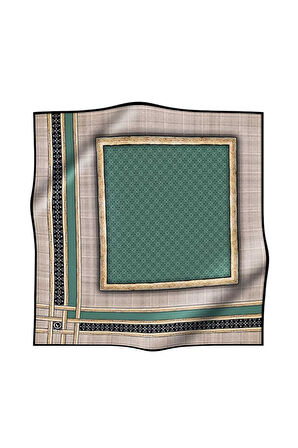 Twill Gold Bordürlü Geometrik Desenli Petrol Yeşili Renkli 90x90 Eşarp (İpek İçermez) Kenar Dikiş Şekli El Dikişli