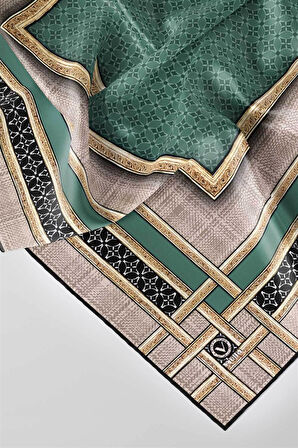 Twill Gold Bordürlü Geometrik Desenli Petrol Yeşili Renkli 90x90 Eşarp (İpek İçermez) Kenar Dikiş Şekli El Dikişli