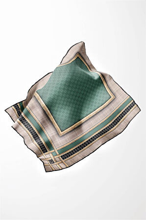 Twill Gold Bordürlü Geometrik Desenli Petrol Yeşili Renkli 90x90 Eşarp (İpek İçermez) Kenar Dikiş Şekli El Dikişli