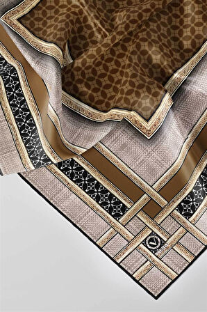 Twill Gold Bordürlü Geometrik Desenli Hardal Renkli 90x90 Eşarp (İpek İçermez) Kenar Dikiş Şekli El Dikişli