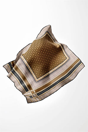 Twill Gold Bordürlü Geometrik Desenli Hardal Renkli 90x90 Eşarp (İpek İçermez) Kenar Dikiş Şekli El Dikişli