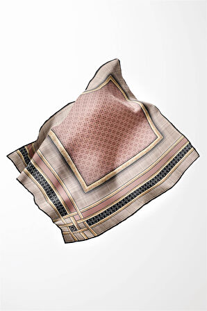 Twill Gold Bordürlü Geometrik Desenli Pudra Renkli 90x90 Eşarp (İpek İçermez) Kenar Dikiş Şekli El Dikişli