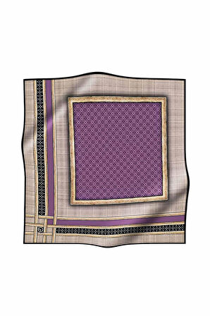 Twill Gold Bordürlü Geometrik Desenli Lila Renkli 90x90 Eşarp (İpek İçermez) Kenar Dikiş Şekli El Dikişli