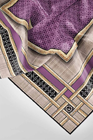 Twill Gold Bordürlü Geometrik Desenli Lila Renkli 90x90 Eşarp (İpek İçermez) Kenar Dikiş Şekli El Dikişli