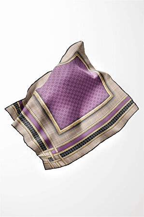 Twill Gold Bordürlü Geometrik Desenli Lila Renkli 90x90 Eşarp (İpek İçermez) Kenar Dikiş Şekli El Dikişli