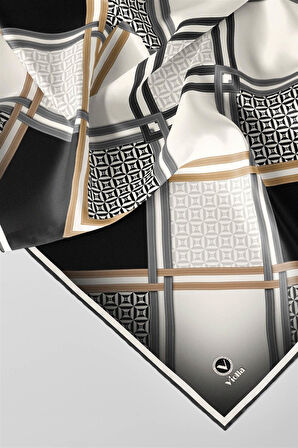 Twill Geometrik Desenli Siyah Renkli 90x90 Eşarp (İpek İçermez) Kenar Dikiş Şekli El Dikişli