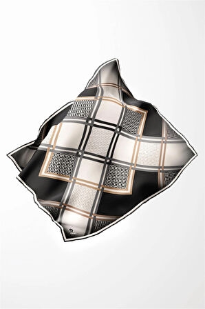 Twill Geometrik Desenli Siyah Renkli 90x90 Eşarp (İpek İçermez) Kenar Dikiş Şekli El Dikişli