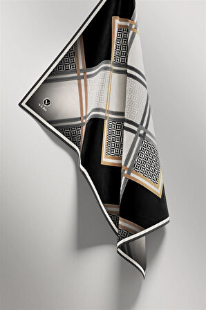 Twill Geometrik Desenli Siyah Renkli 90x90 Eşarp (İpek İçermez) Kenar Dikiş Şekli El Dikişli