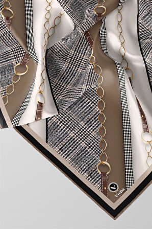 Twill Kemer Desenli Vizon Renkli 90x90 Eşarp (İpek İçermez) Kenar Dikiş Şekli El Dikişli