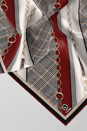 Twill Kemer Desenli Bordo Renkli 90x90 Eşarp (İpek İçermez) Kenar Dikiş Şekli El Dikişli