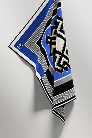 Twill Çizgili Sonsuzluk Düğümü Desenli Saks Mavisi Renkli 90x90 Eşarp (İpek İçermez)