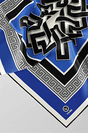 Twill Çizgili Sonsuzluk Düğümü Desenli Saks Mavisi Renkli 90x90 Eşarp (İpek İçermez)