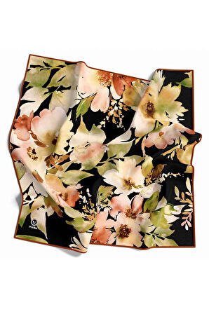 Kristal Büyük Çiçek Desenli Taba Renkli 90x90 Eşarp (İpek İçermez) Kenar Dikiş Şekli El Dikişli