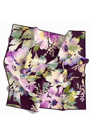 Kristal Büyük Çiçek Desenli Mürdüm Renkli 90x90 Eşarp (İpek İçermez) Kenar Dikiş Şekli El Dikişli