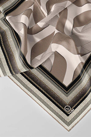 Twill Çizgi Desenli Bej Renkli 90x90 Eşarp (İpek İçermez) Kenar Dikiş Şekli El Dikişli