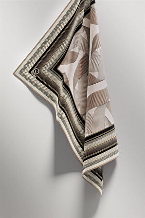 Twill Çizgi Desenli Bej Renkli 90x90 Eşarp (İpek İçermez) Kenar Dikiş Şekli El Dikişli