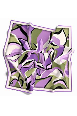 Twilll Büyük Yaprak Desenli Mor - Haki Renkli 90x90 Eşarp (İpek İçermez) Kenar Dikiş Şekli El Dikişli