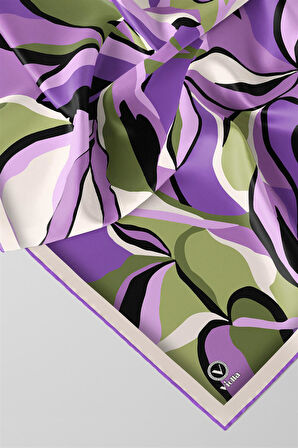 Twilll Büyük Yaprak Desenli Mor - Haki Renkli 90x90 Eşarp (İpek İçermez) Kenar Dikiş Şekli El Dikişli