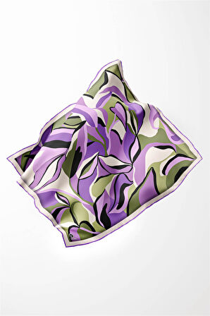 Twilll Büyük Yaprak Desenli Mor - Haki Renkli 90x90 Eşarp (İpek İçermez) Kenar Dikiş Şekli El Dikişli