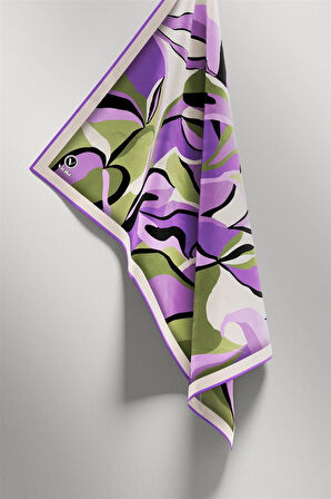 Twilll Büyük Yaprak Desenli Mor - Haki Renkli 90x90 Eşarp (İpek İçermez) Kenar Dikiş Şekli El Dikişli