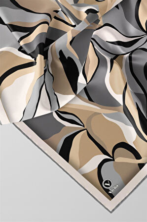 Twilll Büyük Yaprak Desenli Gri - Bej Renkli 90x90 Eşarp (İpek İçermez) Kenar Dikiş Şekli El Dikişli