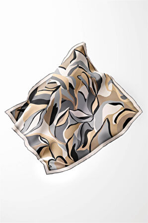 Twilll Büyük Yaprak Desenli Gri - Bej Renkli 90x90 Eşarp (İpek İçermez) Kenar Dikiş Şekli El Dikişli