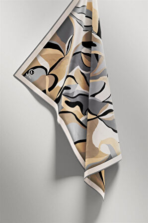 Twilll Büyük Yaprak Desenli Gri - Bej Renkli 90x90 Eşarp (İpek İçermez) Kenar Dikiş Şekli El Dikişli