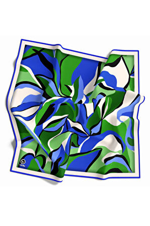 Twilll Büyük Yaprak Desenli Saks - Zümrüt Yeşili Renkli 90x90 Eşarp (İpek İçermez) Kenar Dikiş Şekli El Dikişli